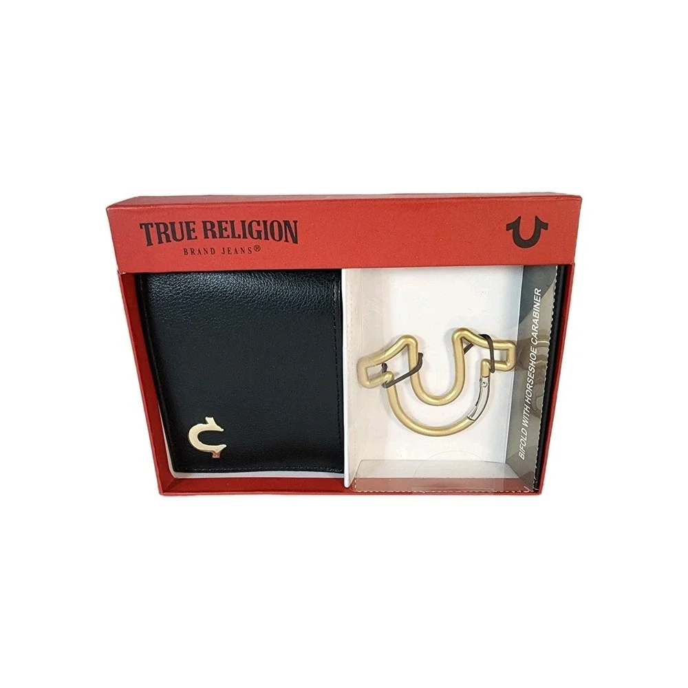 Mens True Religion Altro Black/Gold Leather Bifold &Horseshoe Carabiner New